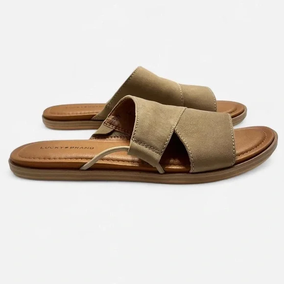 Lucky Brand Nekoda Slide Sandals Dune Taupe Leather Boho Cottagecore Beach Indie - Picture 3 of 8